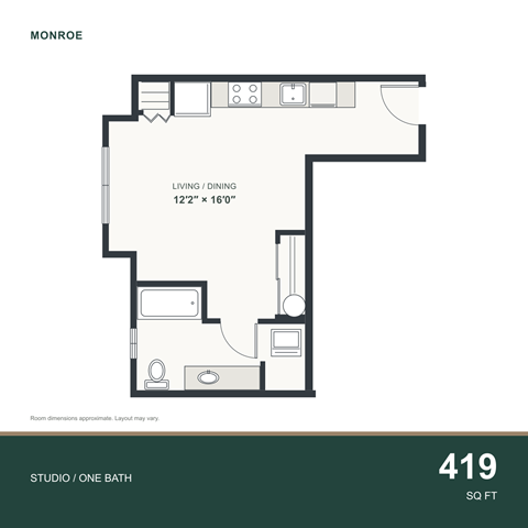 Floor plan for studio, 1 bath, 419 sqft